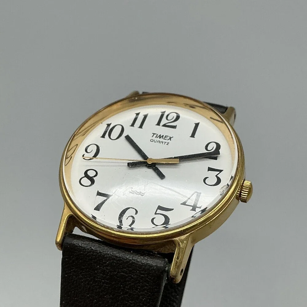 Vintage Timex Mens Watch 32mm White Dial Gold Tone Black Leather New Battery